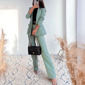 Zara Set Faux Leather Blazer and Pants  Green